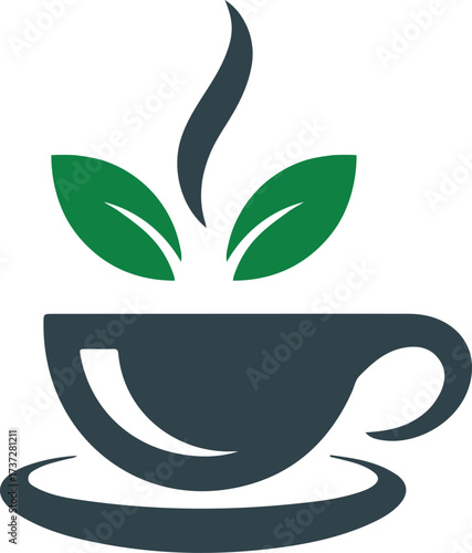 Dark blue cup with green leaves and steam on white background saucer coffee