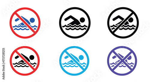 Swimming prohibition signs in different colors and variations displayed clearly