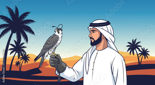 Middle Eastern Man in Traditional Kandura Holding Falcon in Desert Oasis Scenery Illustration