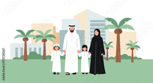 Happy Emirati Family in Traditional Arabic Clothing Standing in Front of Modern Buildings and Palm Trees