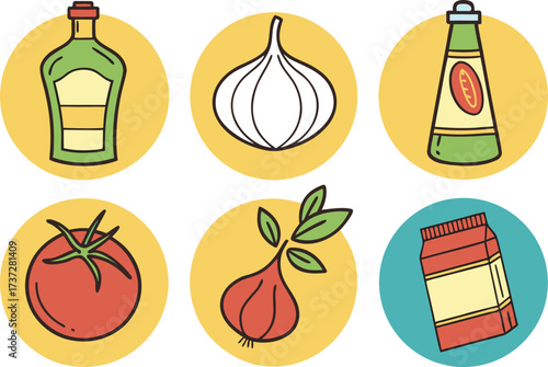 Collection of stylized food icons: bottle, garlic, tomato, onion, and carton vector Illustration