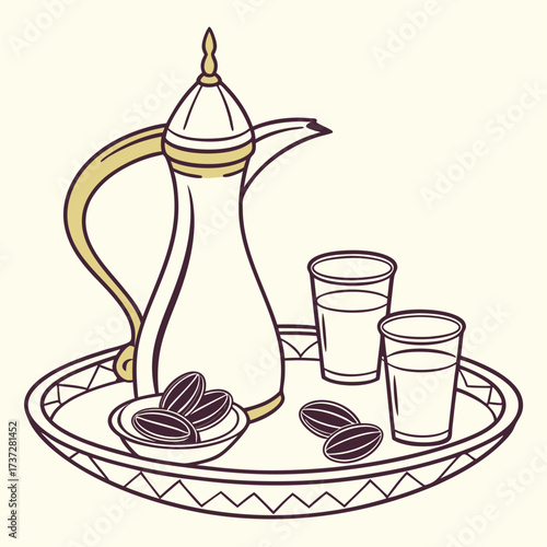 Traditional Arabic Coffee Pot Dallah with Dates and Glasses on Decorative Tray Vector Illustration