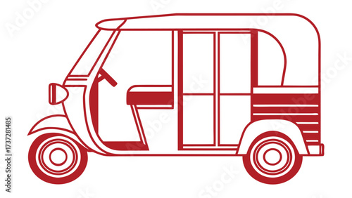 Red line art illustration of a three-wheeled auto rickshaw three-wheeler vehicle