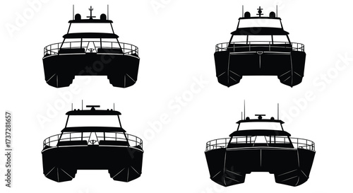 Four black and white illustrations of a catamaran boat design