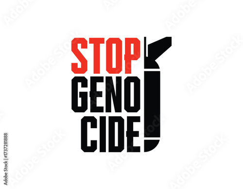 Stop genocide protest poster with bold red and black text