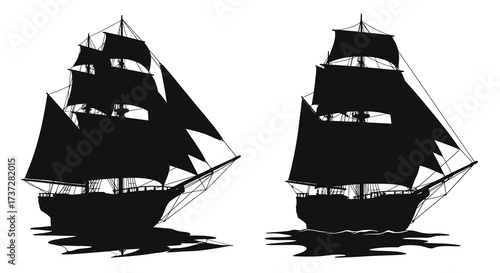A striking black and white illustration of two classic sailing ships