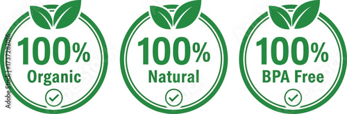 Round Green Badges 100 Percent Organic, Natural, and BPA Free Isolated on White