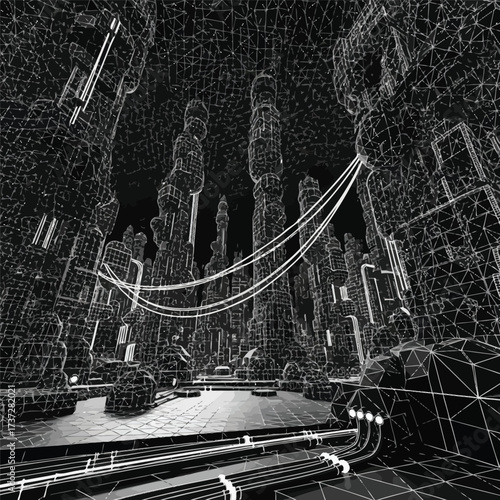 Low poly wireframe of a futuristic city with tall buildings and cables