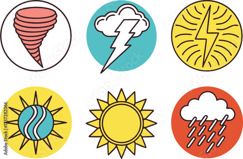 Collection of Weather Icons: Tornado, Lightning, Sun, and Rain vector Illustration