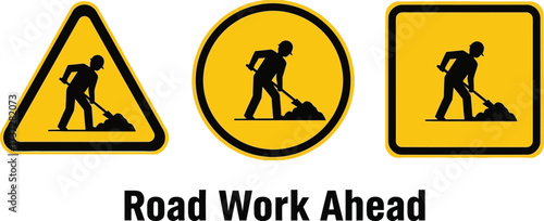 Roadwork Sign Shapes, Black Silhouette of Construction Worker with Shovel, Yellow