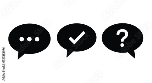 Three black speech bubbles representing conversation confirmation and questioning