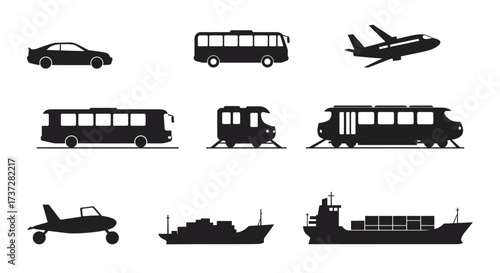 Various modes of transportation depicted in simple black silhouette style