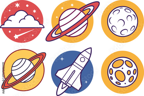 Colorful Space Icons: Planets, Rocket, Moon, and Shooting Star vector Illustration