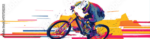 Intense Mountain Biking Illustration with Abstract Colorful Background Design for Extreme Sports and Athletic Lifestyle