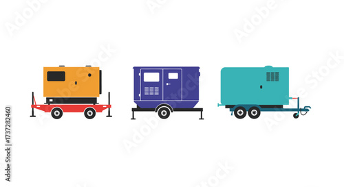 Illustration of three portable generators on wheeled trailers side by side