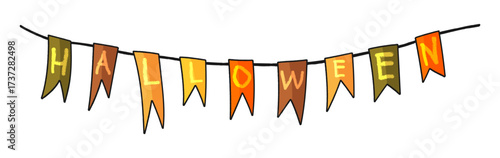 Colorful festive garland with halloween typographic. Bunting flags for holiday decorating,  party decor, promotional theme events, greeting cards.