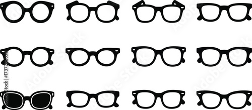 Seamless Eyewear Pattern, Varied Black Spectacles Icons on White Background, Fashionable, Style