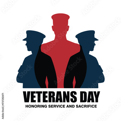 Veterans Day tribute with silhouetted military figures in red and blue, honoring service and sacrifice with bold text and patriotic tone