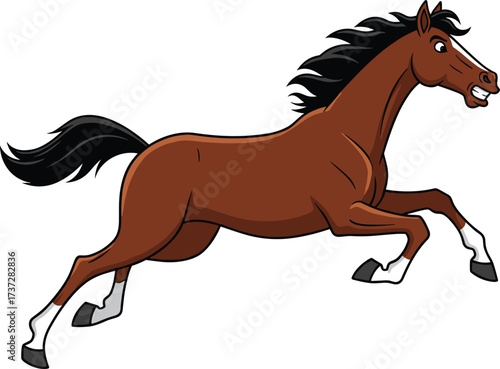 Cartoon galloping horse illustration, brown stallion vector, expressive animal art, running horse clipart, isolated PNG, animated equine design