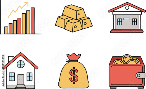 Financial Icons: Growth Chart, Gold Bars, Bank, House, Money Bag, Wallet with Coins vector Illustration