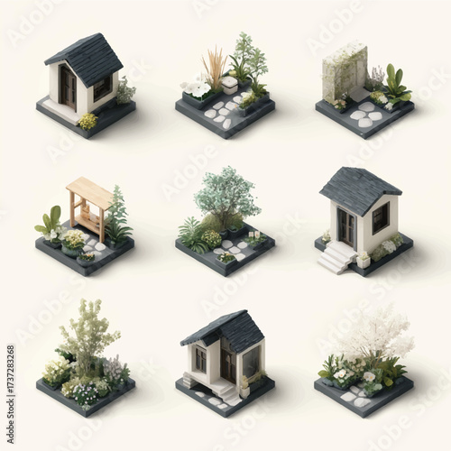 Isometric dioramas showcasing miniature houses and gardens with trees flowers and decorative pathways on neutral backgrounds creating a serene aesthetic