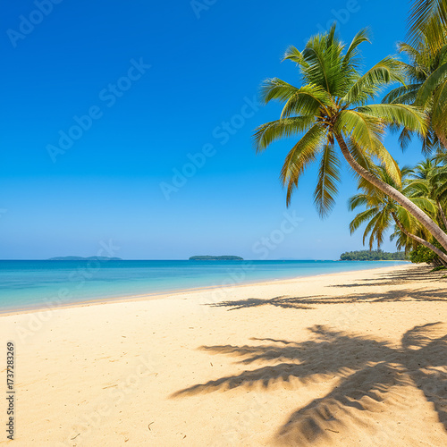 Wallpaper Mural A beautiful tropical beach scene with palm trees, clear blue sky, and golden sand. Torontodigital.ca