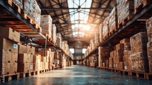 Wallpaper Mural Vast Warehouse Interior with Pallets and Boxes Under Warm Sunlight Filtering Through Skylights Torontodigital.ca