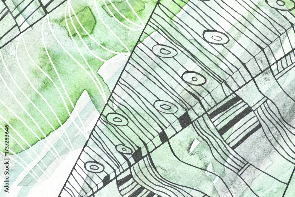 Fototapeta premium Abstract geometric art with green and white patterns and line designs.