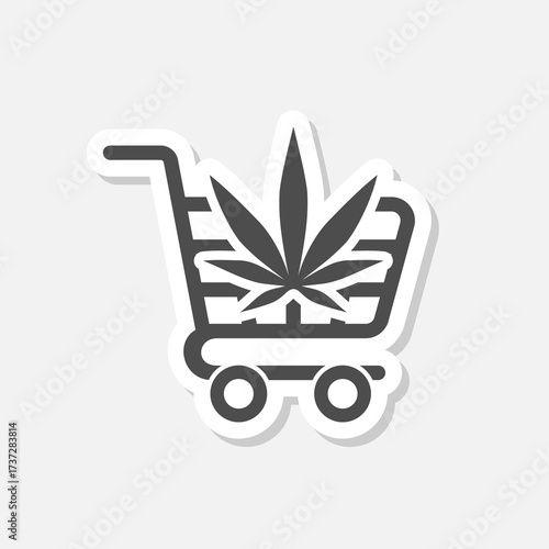 Shopping cart with marijuana or cannabis leaf icon sticker isolated on gray background