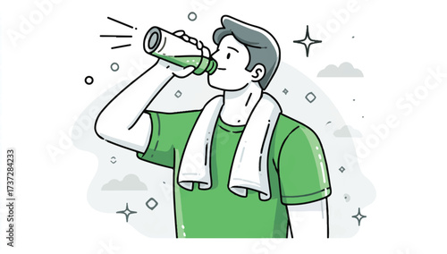 Man drinking from water bottle after workout illustration for hydration and healthy lifestyle concept