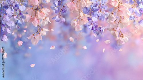 Gentle pink and violet blossoms cascade down in soft focus.