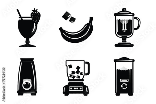 Minimalist black and white smoothie ingredients illustration showing refreshing drinks and appliances needed for making healthy beverages