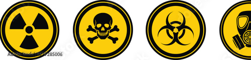 Set of Circular Hazard Icons Depicting Radiation, Poison, Biohazard, and Gas Mask