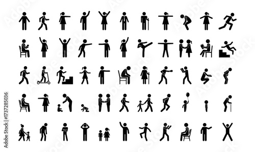 Stickman random poses icons set. Collection of human pictograms showing standing, sitting, running, reading, pointing, kids playing, family, exercise, and daily life activities. Vector illustration.