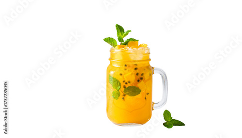 Refreshing mango iced tea recipe summer drinkRefreshing mango iced tea recipe summer drink with fresh fruit and ice cubes for healthy lifestyle on transparent backgroundwith fresh fruit and ic