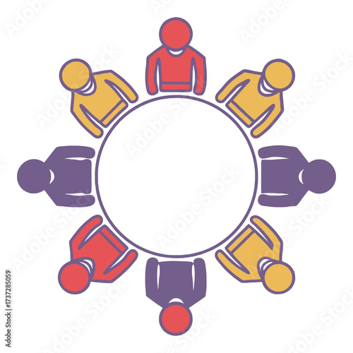 Diverse group of people sitting around a circular meeting table for collaboration 