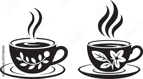Two black cups of hot steaming coffee or tea with decorative patterns coffee cup tea cup
