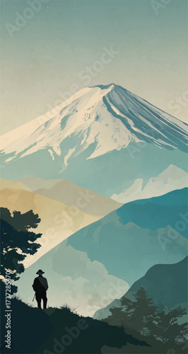 Mount Fuji scenic landscape with traveler looking on with calming blues and browns artwork style