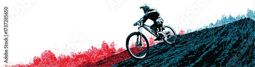 Mountain biker downhill riding on a trail with abstract red and blue foliage illustration design