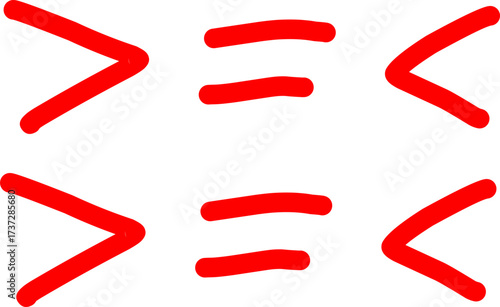 Red math symbols for greater than, less than, and equal to. Educational illustration for teaching basic mathematics, comparison, and classroom learning materials.
