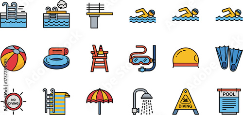 Colorful Flat Design Swimming Pool Equipment and Activities Icon Set