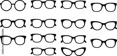 Set of Various Black Eyeglasses Silhouettes Collection on a Clean White Background
