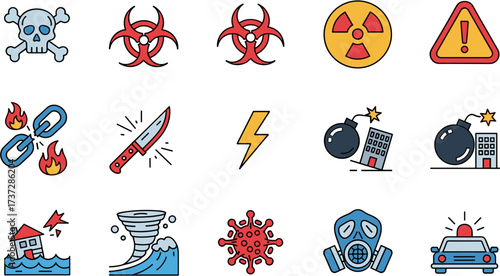 Modern Style Warning Sign and Natural Disaster Icon Collection Illustration