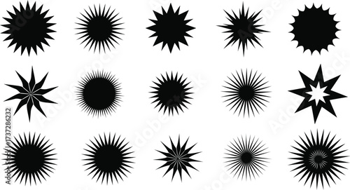 Set of Fifteen Black Starbursts in Various Shapes on a Transparent Background Design