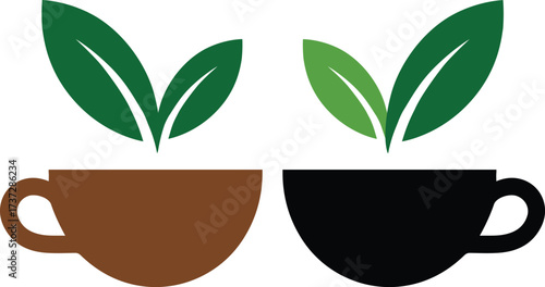 Two stylized coffee cups with green leaves above them tea cup brown