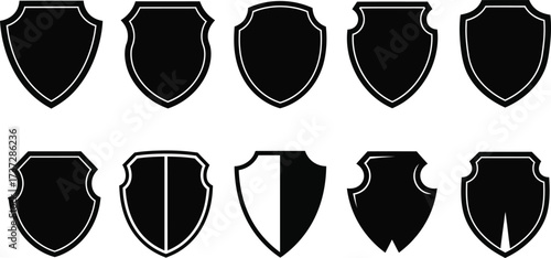 Shield silhouette icons, black emblems, security label, protection badge, heraldic shape