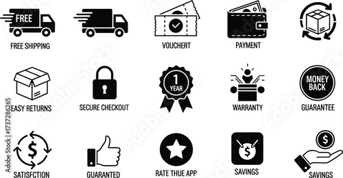 Shopping Icons Set Isolated on White Background, Free Shipping, Returns, Guarantee