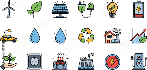 Detailed Line Eco Friendly Energy and Environment Flat Design Icon Set