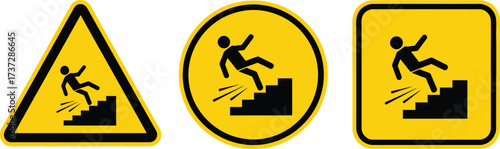 Slippery Stairway Caution Signage Set Triangle, Circle, Square Yellow Background