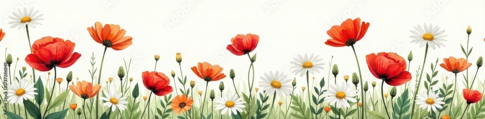 Fototapeta premium Delicate watercolor wildflower repeat pattern Daisies and red poppies in lush meadow , background, nature